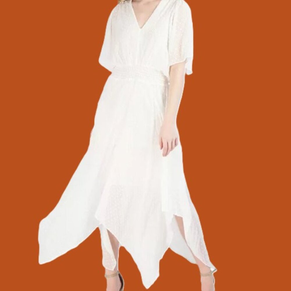 ROBBIE BEE PETITE V NECK CHIFFON SHORT SLEEVE FIT AND FLARE DRESS  PS OFF WHITE - Picture 15 of 15